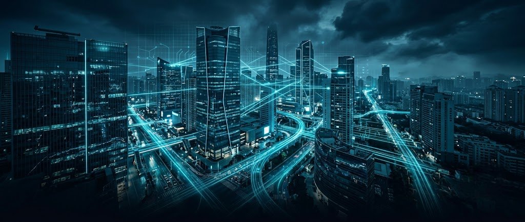 AI-powered digital marketing network connecting businesses through a futuristic smart city